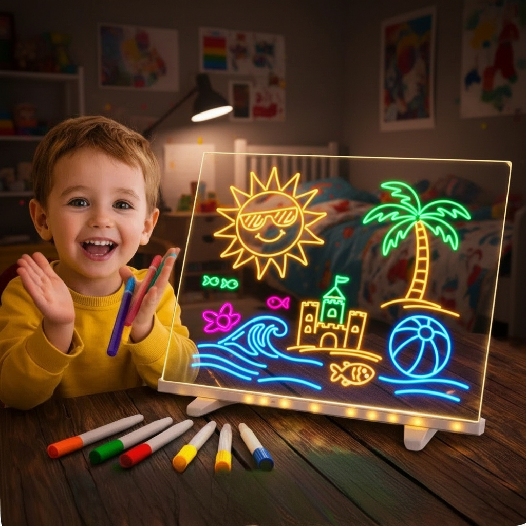 Tableta LED Magica 30x20 cm + 7 Markere colorate + Laveta de sters