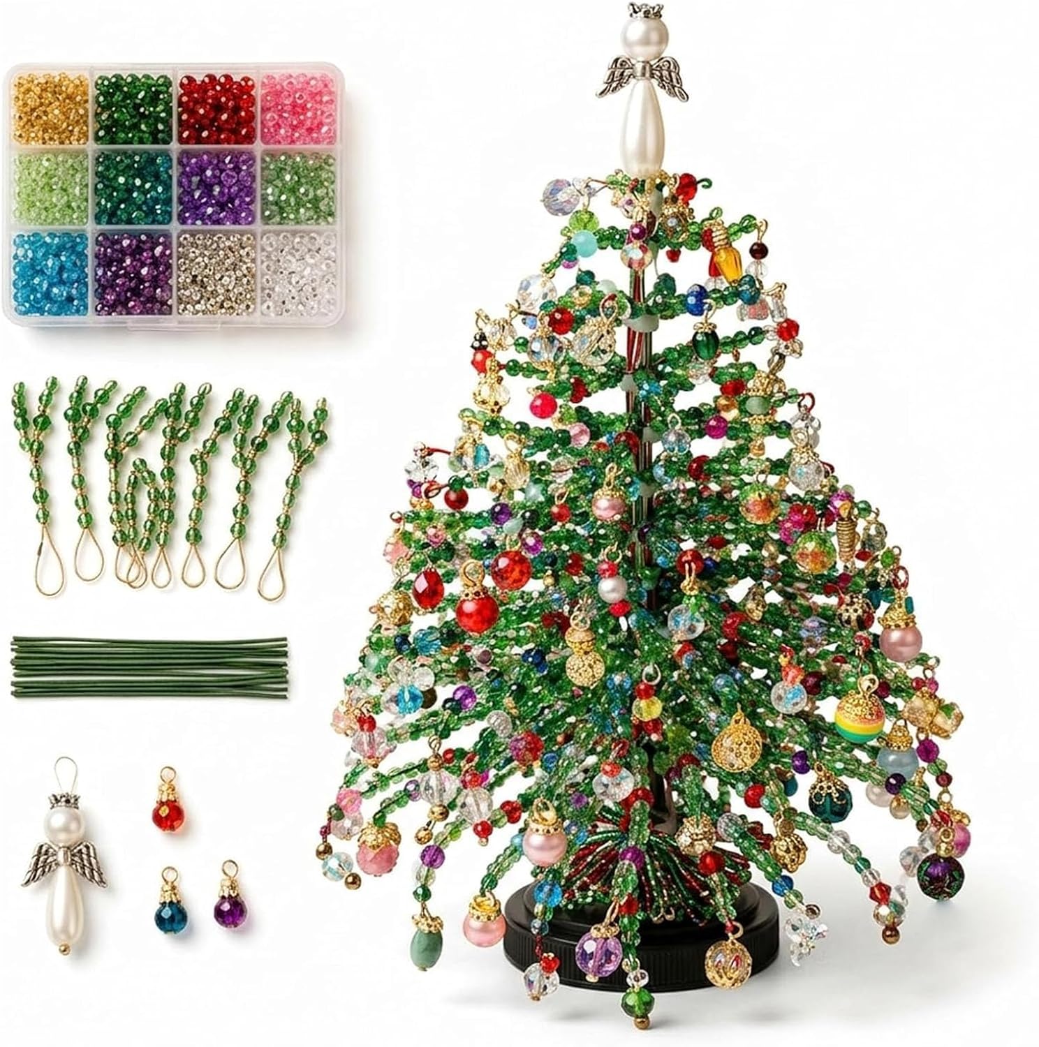 Brad de Craciun DIY din Margele, cu Instalatie LED si Decoratiuni, Kit Creativ Handmade, 20 cm
