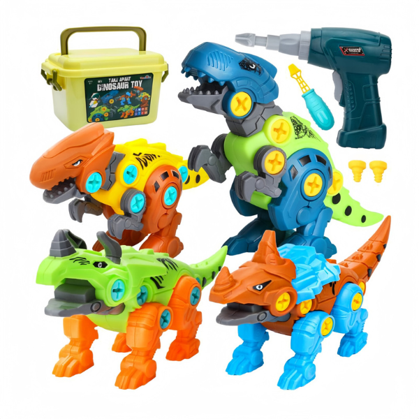 Set de asamblare dinozauri (4 buc) + bormasina de jucarie