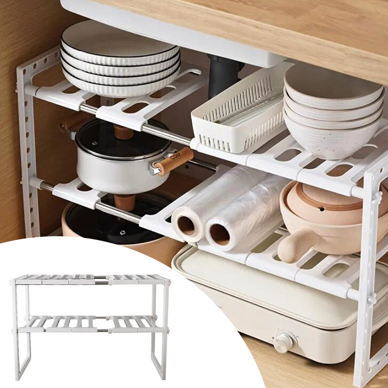 Raft organizator extensibil cu 2 rafturi, cu 10 panouri detasabile, pentru casa, bucatarie, sub chiuveta, baie, dulap pantofi, balcon