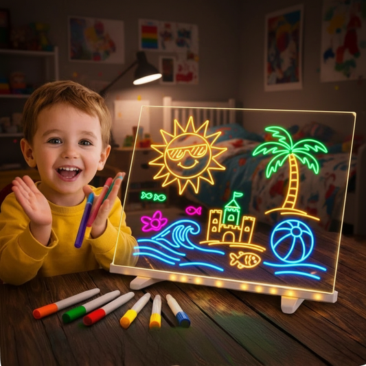 Tableta LED Magica 30x20 cm + 7 Markere colorate + Laveta de sters