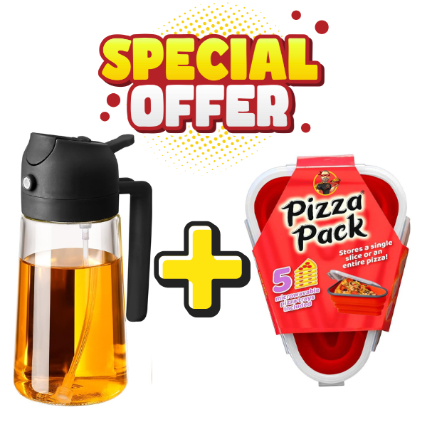 PROMO: Sticla pentru ulei cu pulverizator si dozator (470ml) + Caserola pliabila pentru pizza cu 5 tavi incluse